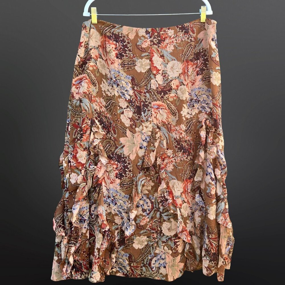 Vintage 90s Nygard Autumn Floral Ruffled Chiffon Maxi Skirt Size L Brown Boho